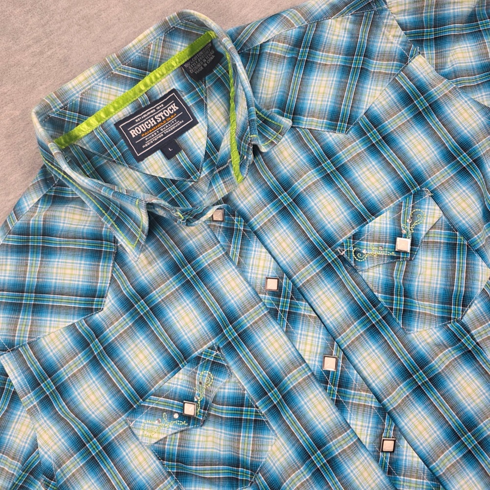 Rough Stock Panhandle Slim Womens Blue Plaid Western Pearl Snap Shirt Large L